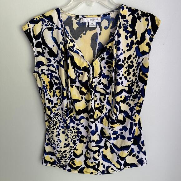 Liz Claiborne Leopard Print Blouse Petite Small, Blue, Yellow, Black - Picture 1 of 6